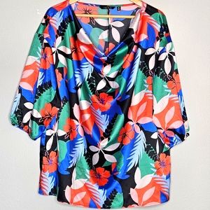 Iman Global Chic Floral Tropical Polyester Cowl-Neck 3/4 Sleeve Size 1X
